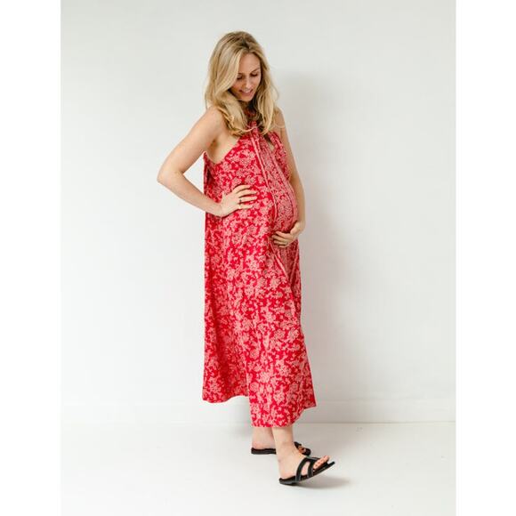 Hatch Rosalie Bandana Red Floral Maternity Midi Dress Size 2 Cross Straps - Picture 2 of 16